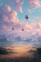 Hot air balloons over mountain landscape